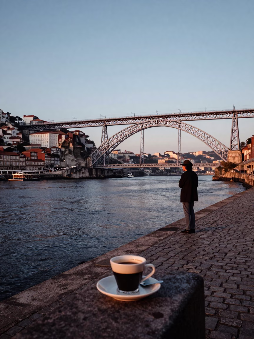 Porto Portugal Nautical Dawn Street Scene with Espresso Cup and Traditional Architecture in in Porto, Portugal