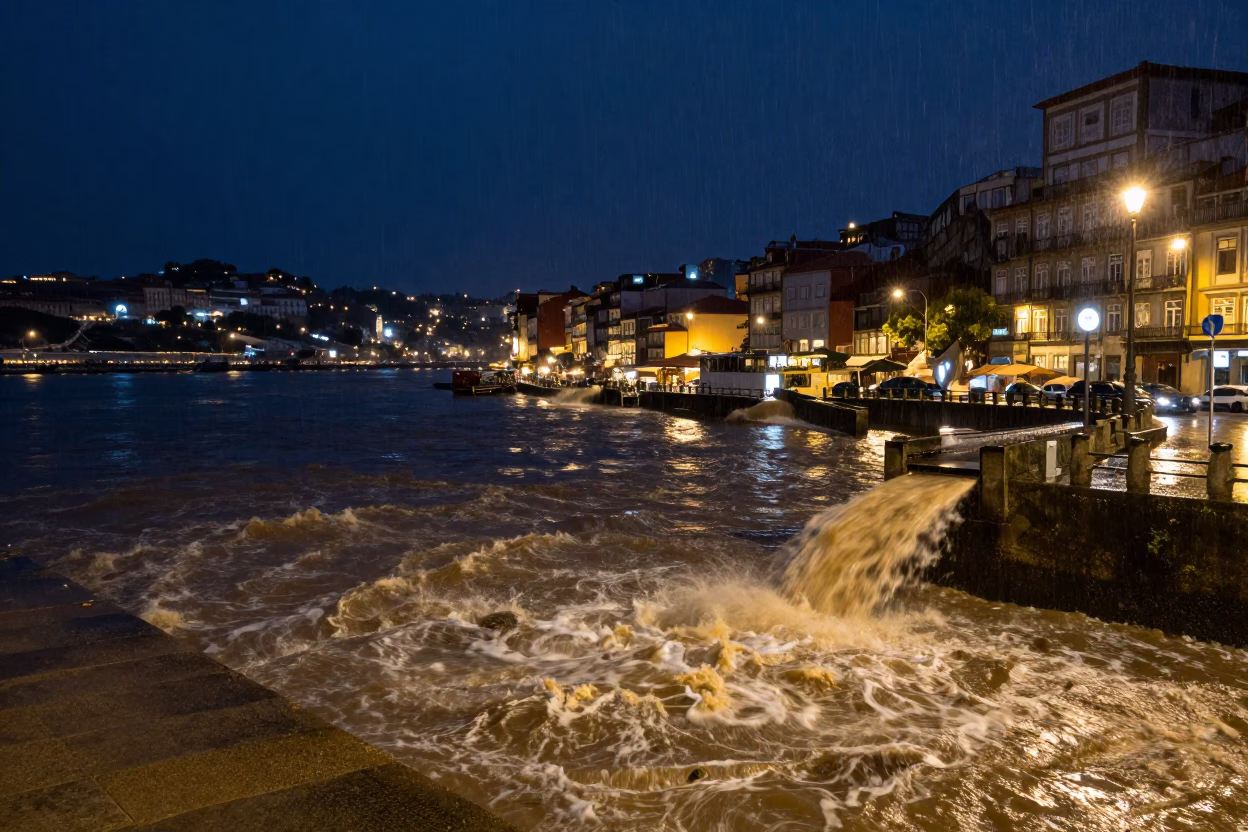 Porto Portugal Night Street Scene with Storm Drain and River Reflections in in Porto, Portugal