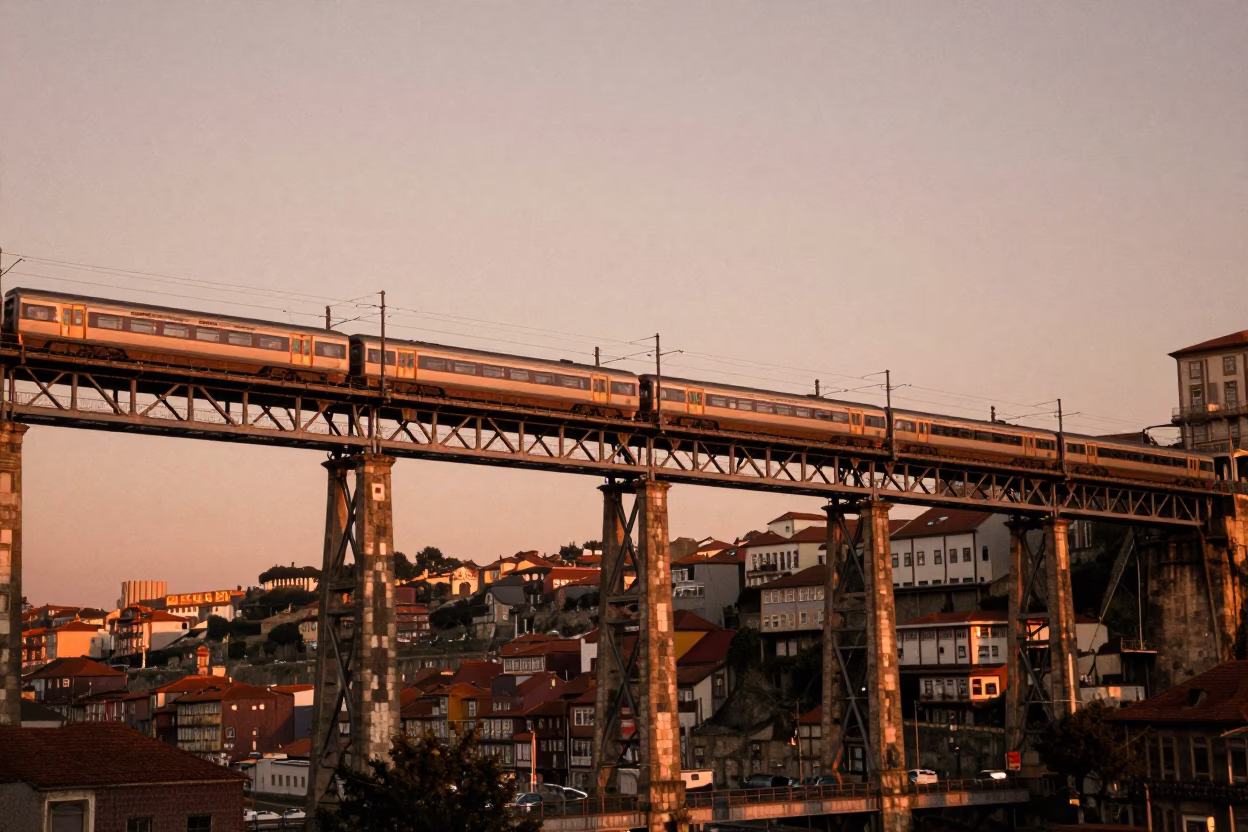 Porto Portugal Railway Viaduct at Dusk with Passing Train and Copper Light in in Porto, Portugal