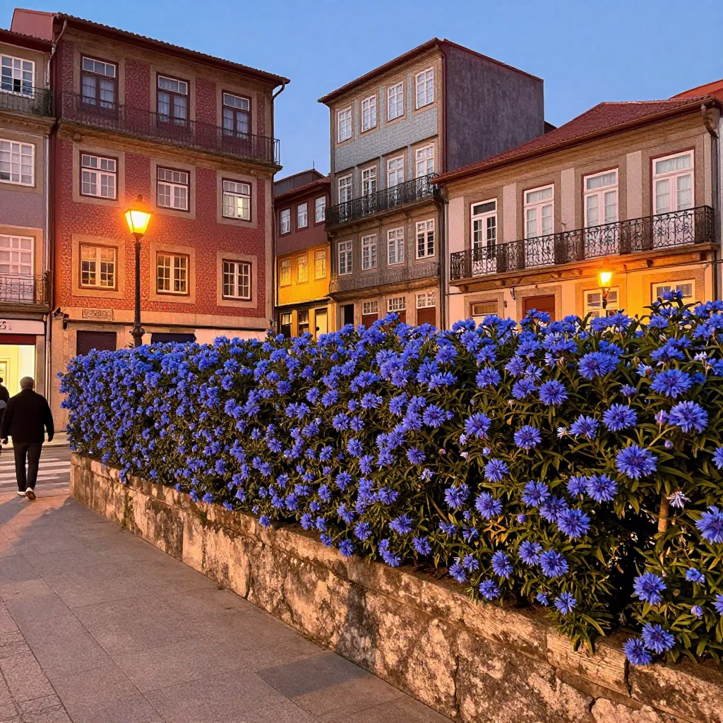 Porto Portugal Street Scene Copper Light Plumbago Hedge and Woven Basket in in Porto, Portugal