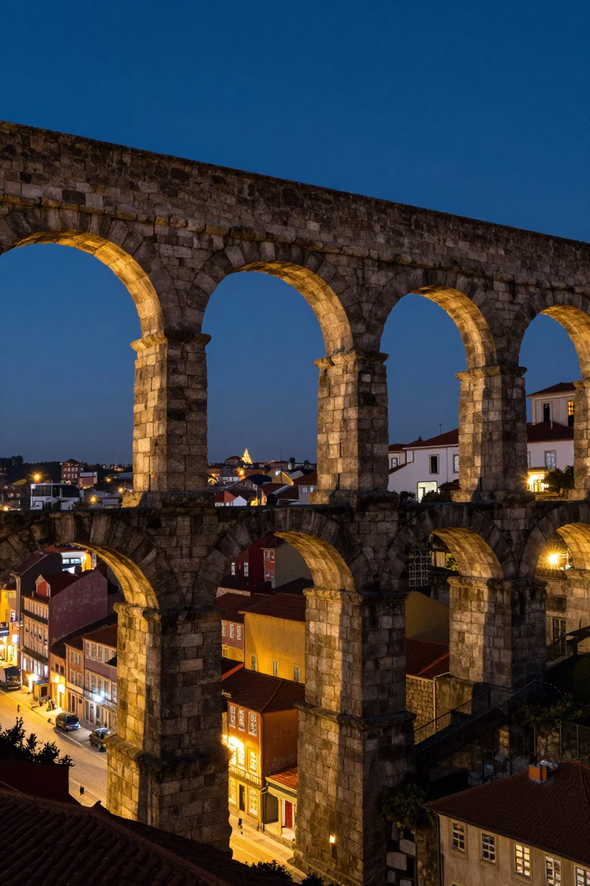 Porto ’s Historic Aqueduct Arches at As City Lights Begin To Glow in in Porto, Portugal