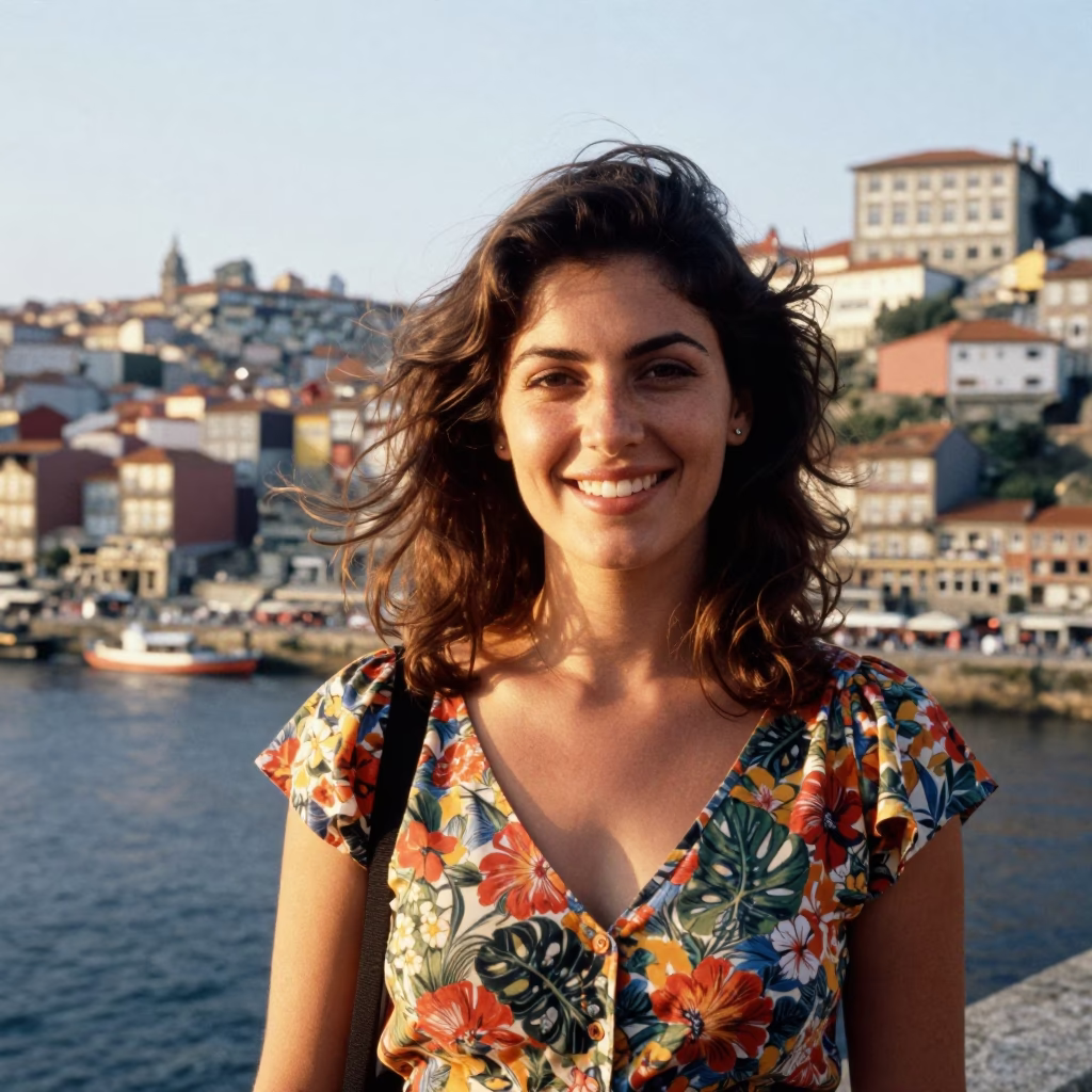 Porto Smiling Woman at The Late Morning Light in in Porto, Portugal