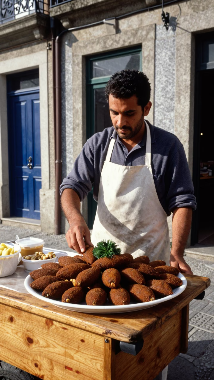 Porto Street Food Vendor Serving Kibbeh on Wooden Tray Amidst Traditional Ceramic Tile Facade in in Porto, Portugal