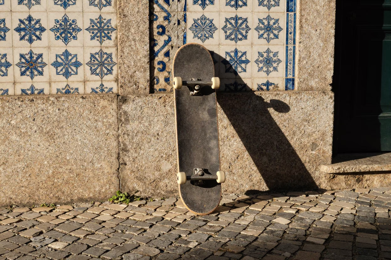 Porto Street Scene With Skateboard And Traditional Tiles Afternoon in in Porto, Portugal
