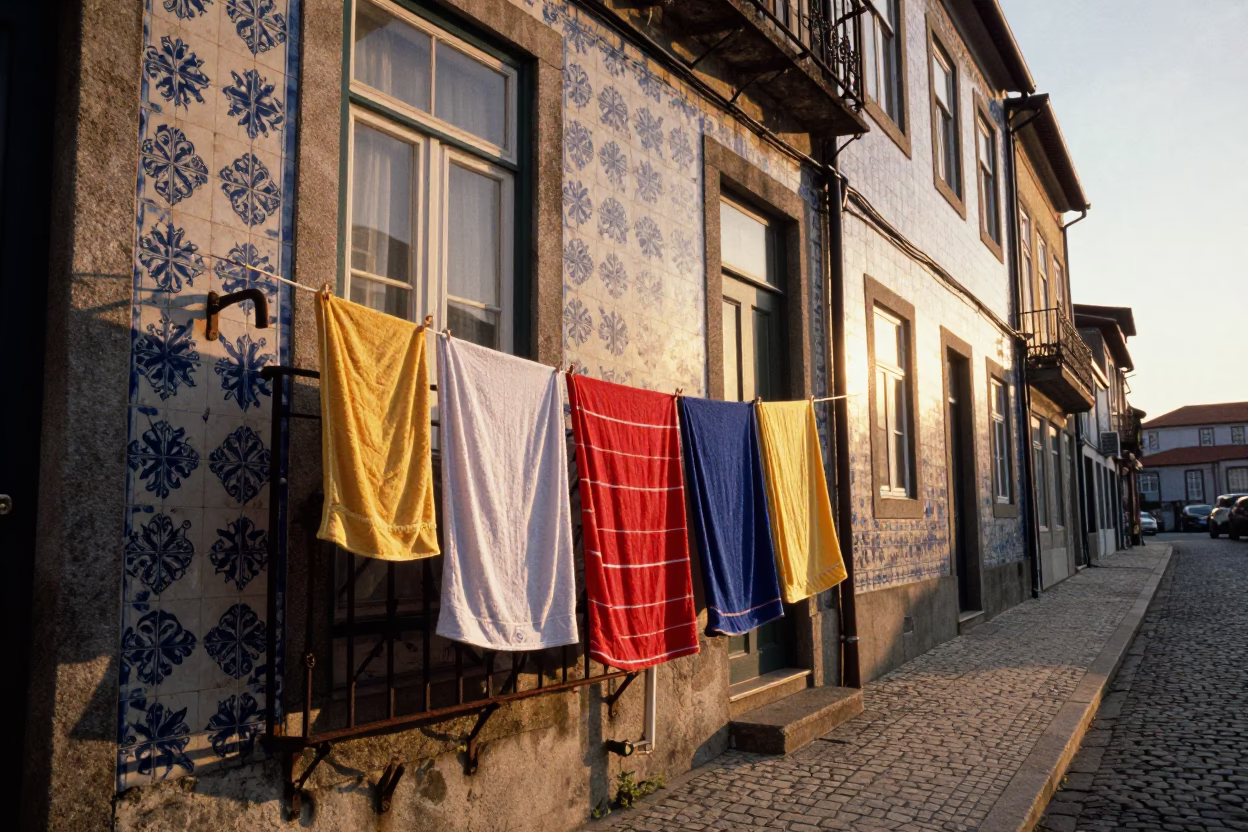 Porto Sunset Street Scene with Drying Towels and Morning Glory Fence in in Porto, Portugal