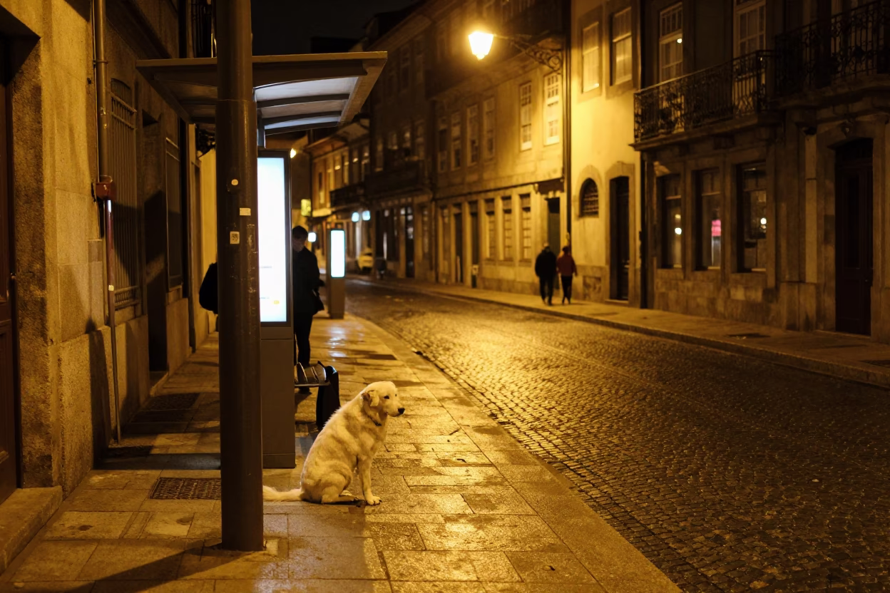 Porto Tram Stop at Deep In The Night Light in in Porto, Portugal