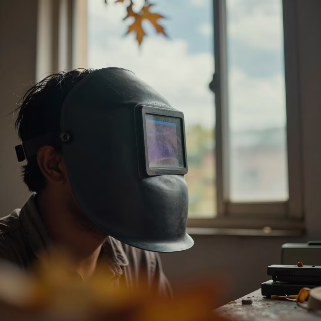 Portrait Beside Welding Mask Late Autumn Light in near Dhaka