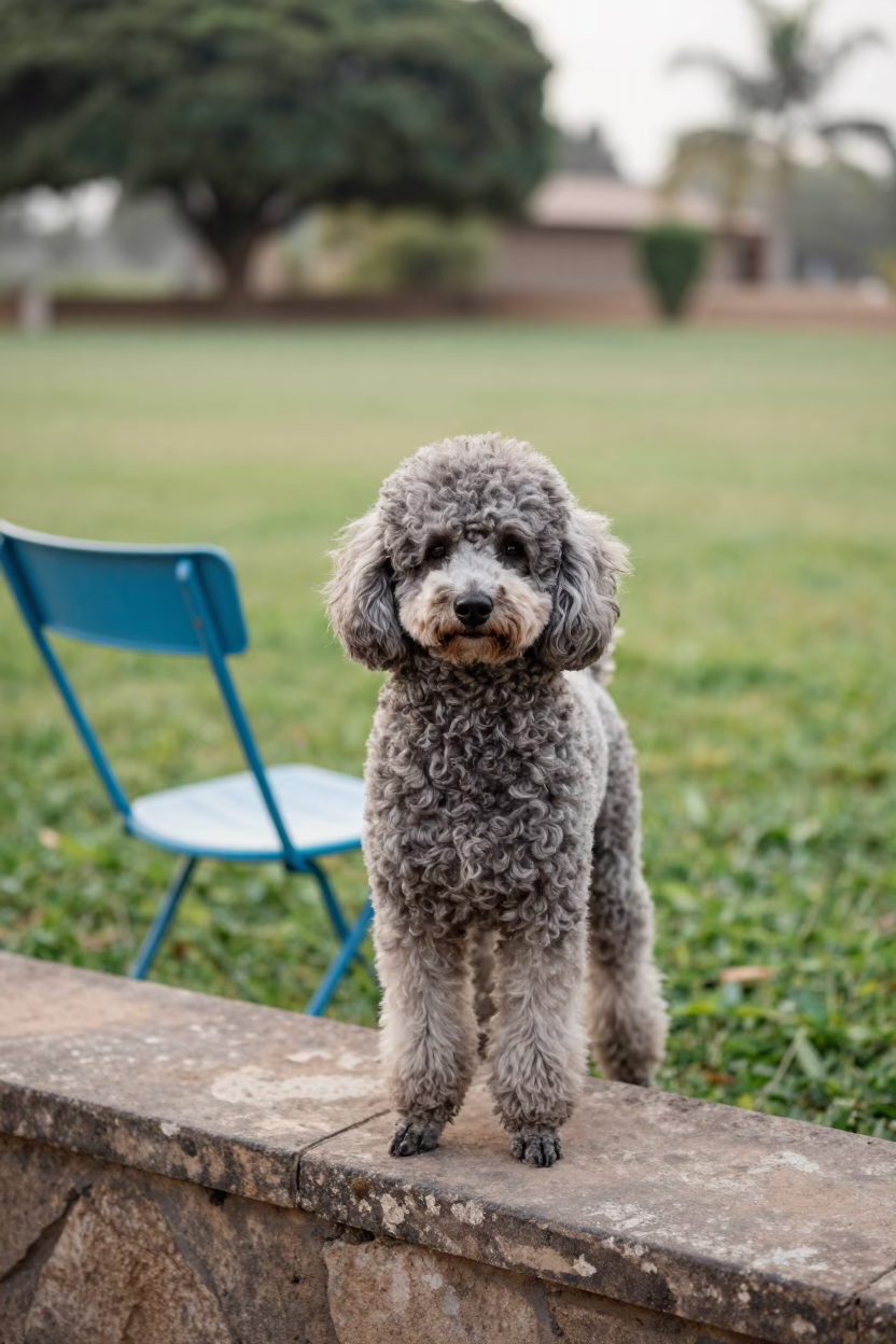 Portrait of a Poodle in Bafoussam Garden Morning Light in near a garden edge with soft morning light and an uncluttered background in Bafoussam