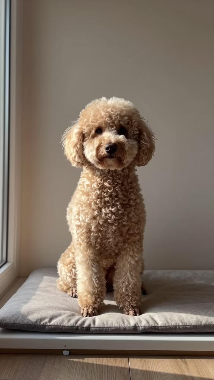 Portrait of a Poodle on a Window Seat in Kot Addu in on a cushioned window seat with soft side light and an uncluttered background in Kot Addu