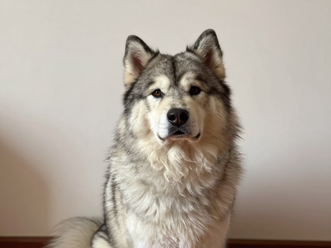 Portrait of Canadian Eskimo Dog Beside Plaster Wall in beside a plain plaster wall in soft indoor light with the animal centered in frame in Chennai