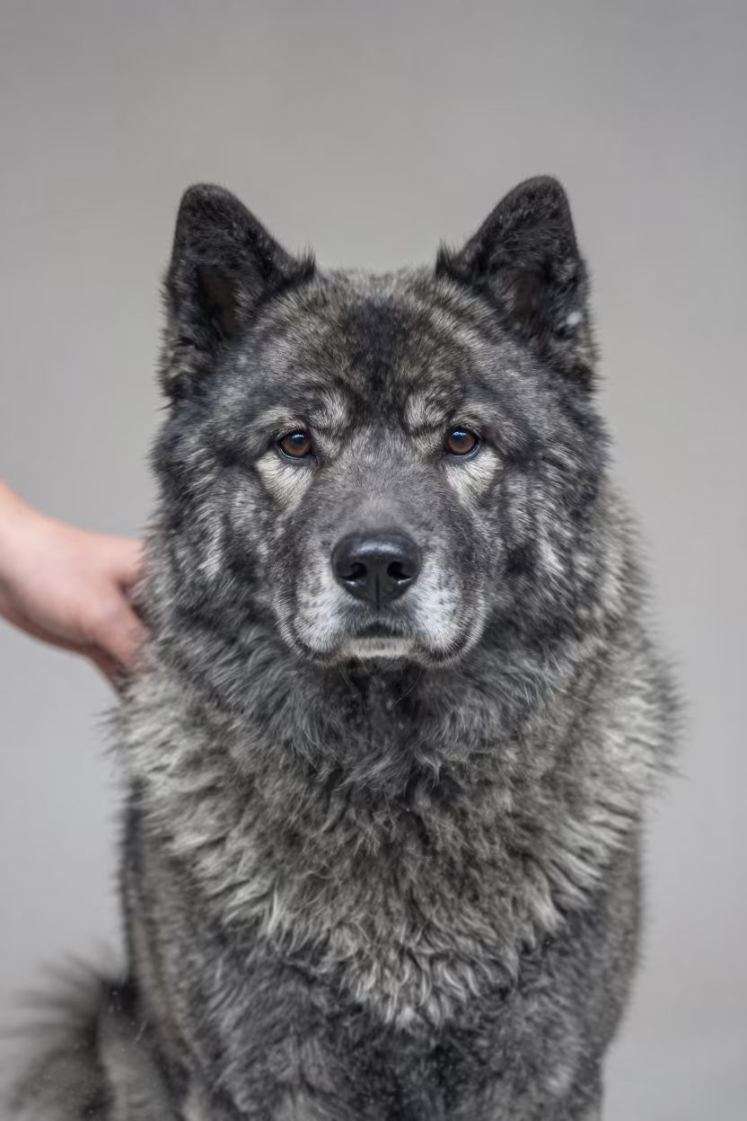 Portrait of Canadian Eskimo Dog in Aktau Studio in in a quiet portrait studio with a plain backdrop and eye-level framing near Aktau