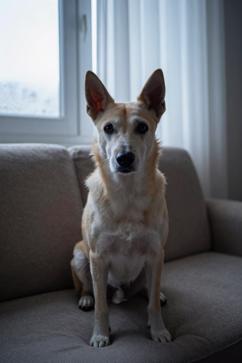 Portrait of Portuguese Podengo on Sofa in on a sofa near a curtained window with calm indoor light in Mecca