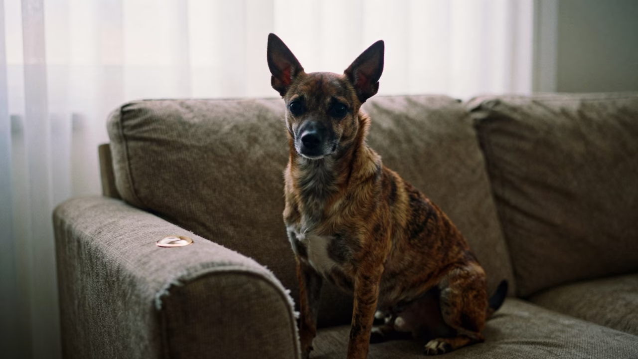 Portrait of Portuguese Podengo Pequeno on Sofa in on a sofa near a curtained window with calm indoor light near Ica