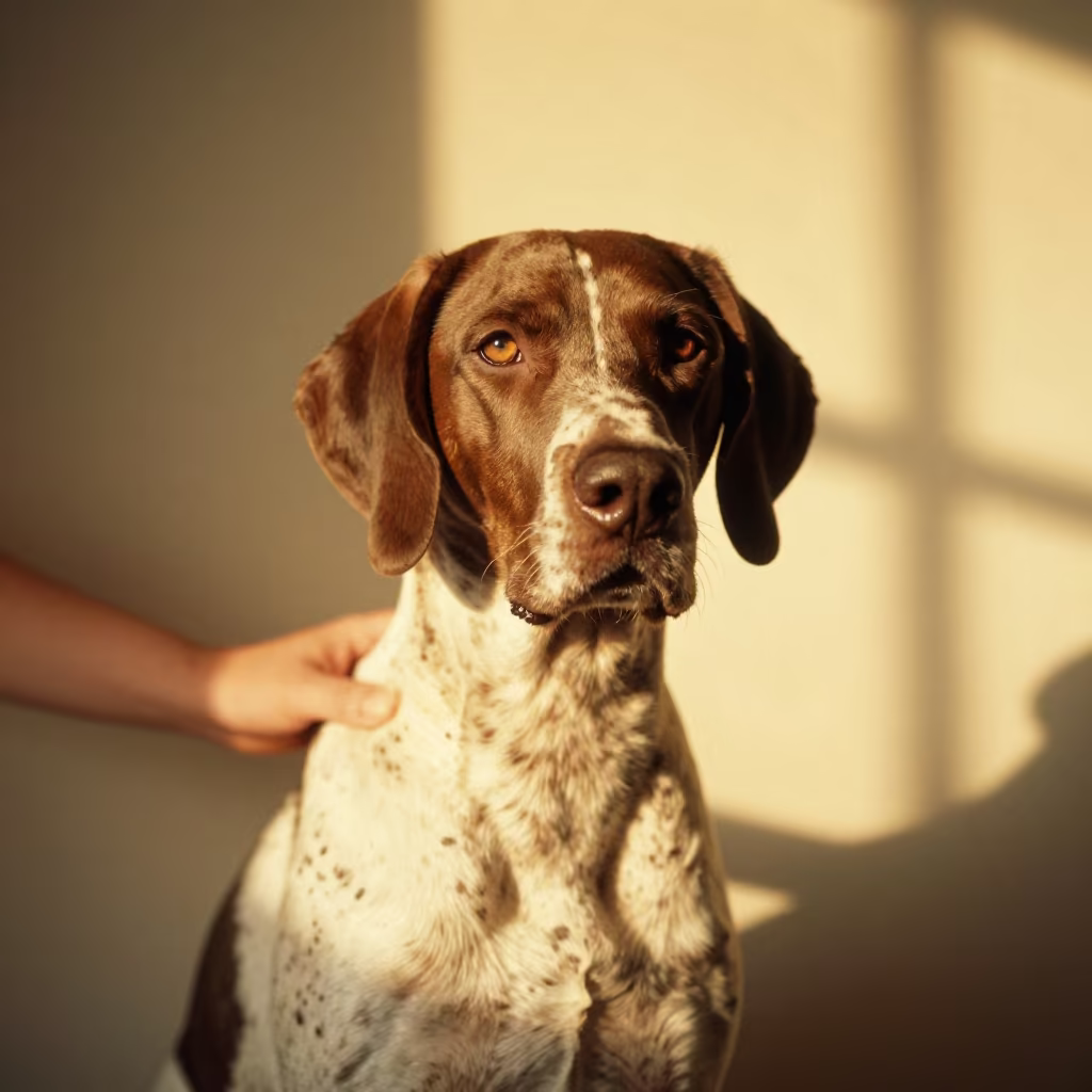 Portrait of Portuguese Pointer in KL Studio in in a quiet portrait studio with a plain backdrop and eye-level framing in KLCC, Kuala Lumpur