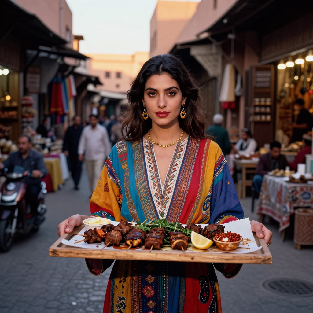 Portrait Souk in Marrakech at Honeyed Evening Light in in Marrakech, Morocco