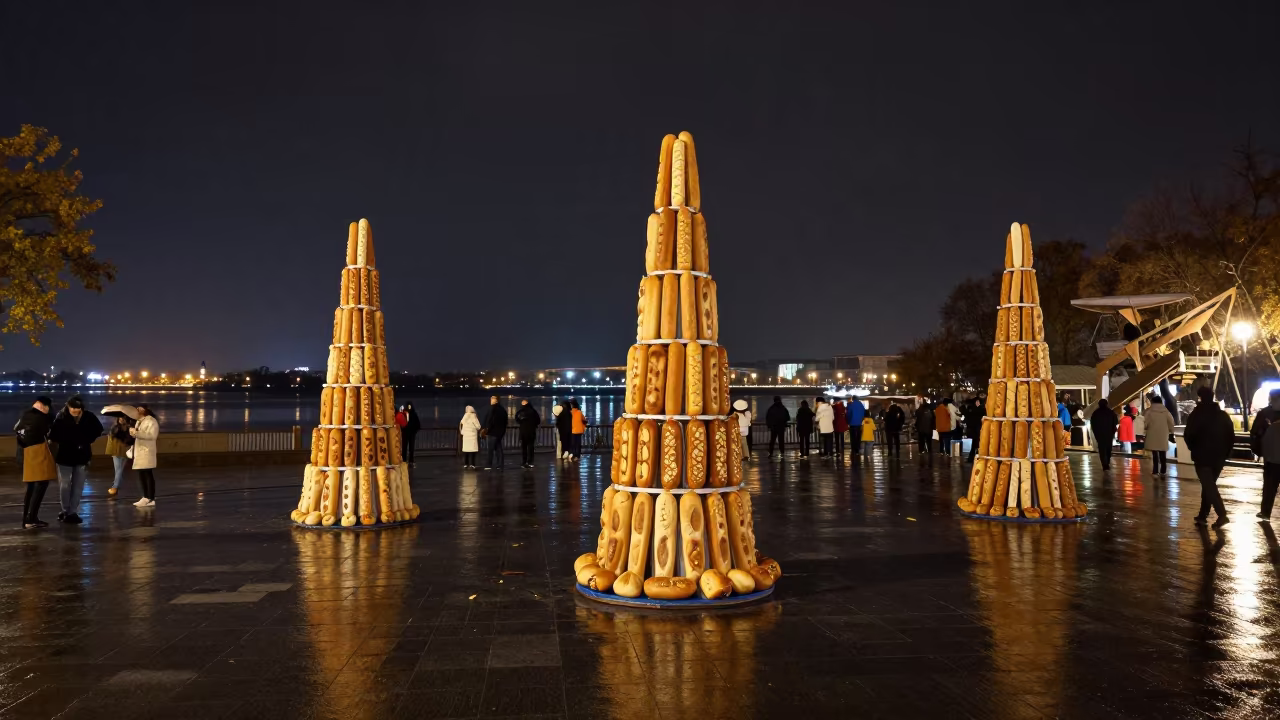 Portuguese Bread Tower Festival Night Harbin Waterfront in at a waterfront celebration in Harbin