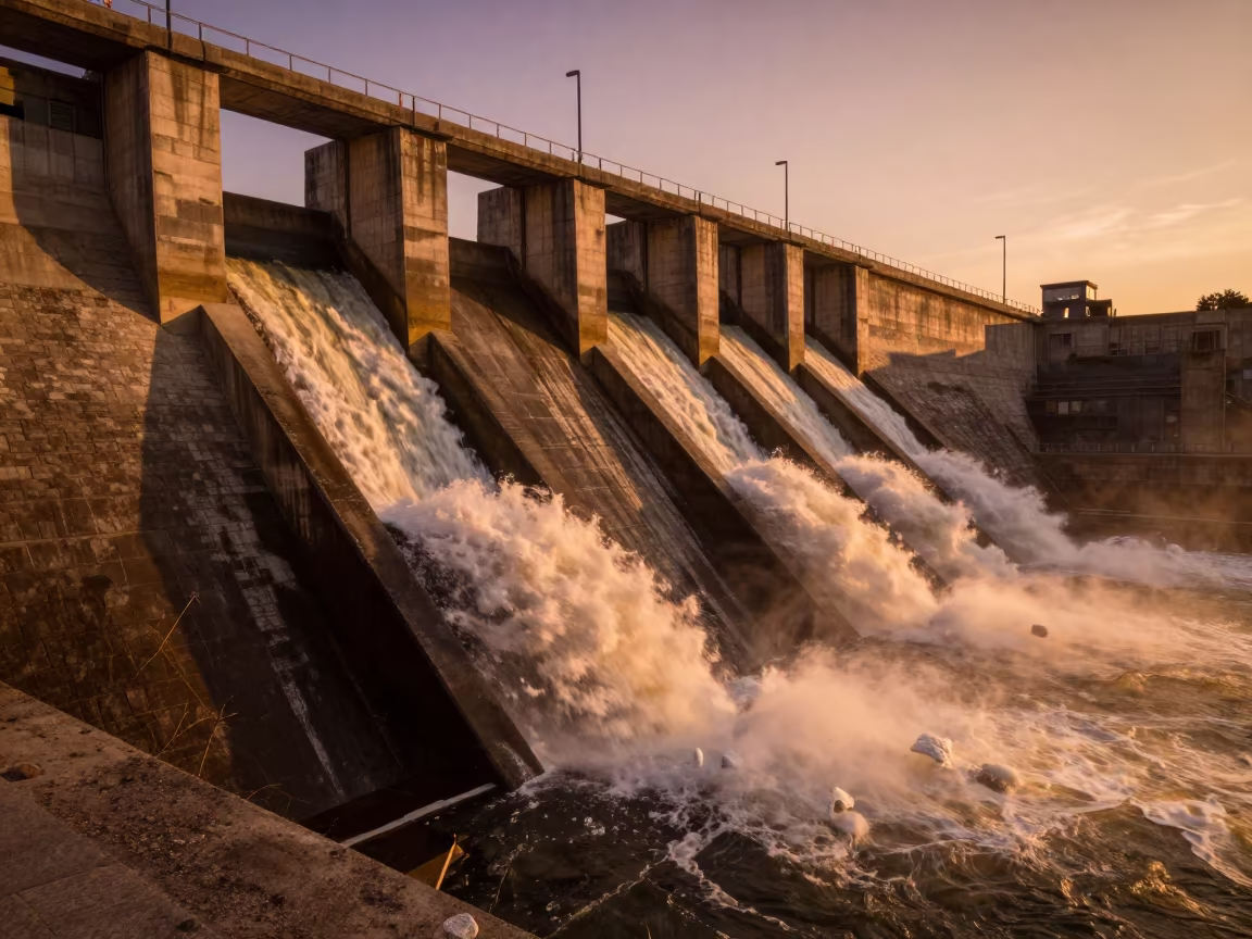 Portuguese Dam Spillway at Golden Sunset in along a dam spillway in Portugal