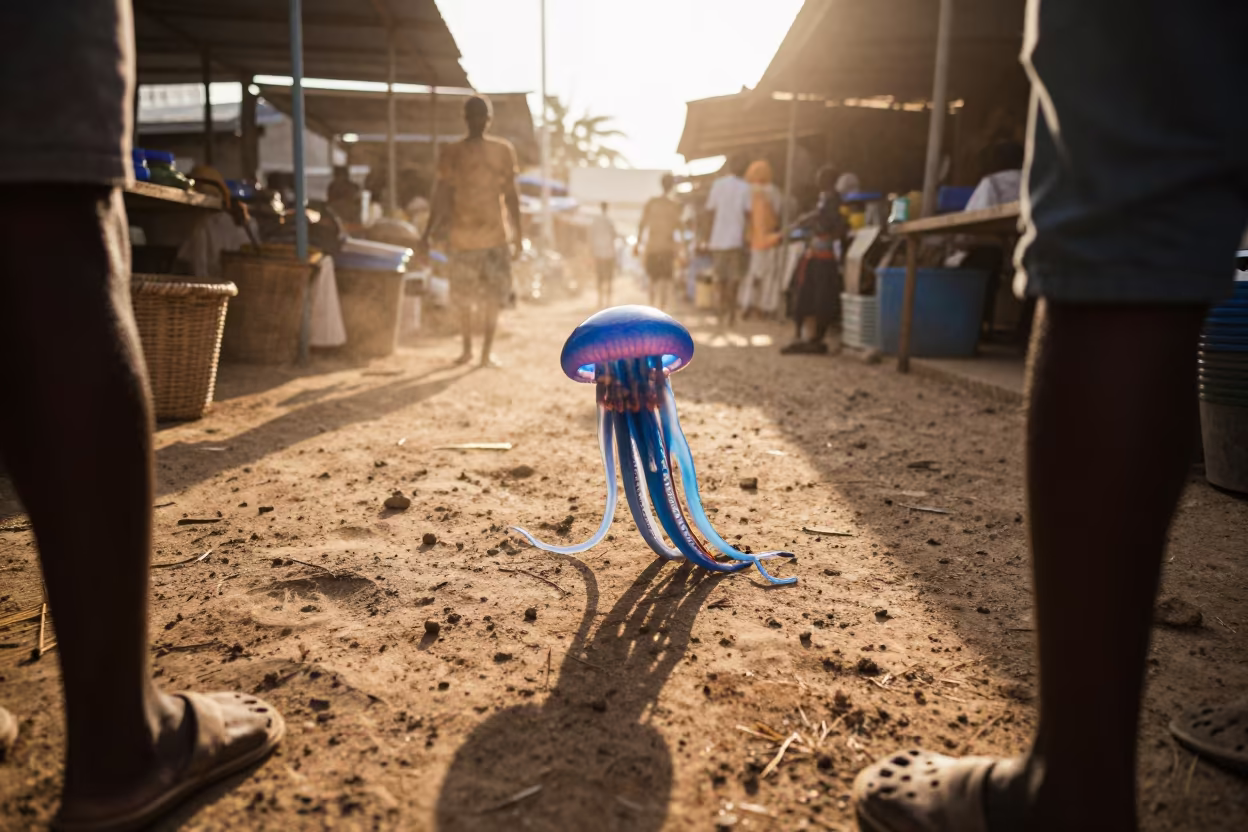 Portuguese Man-o-War in Cabinda Market Lane in along a market lane in Cabinda