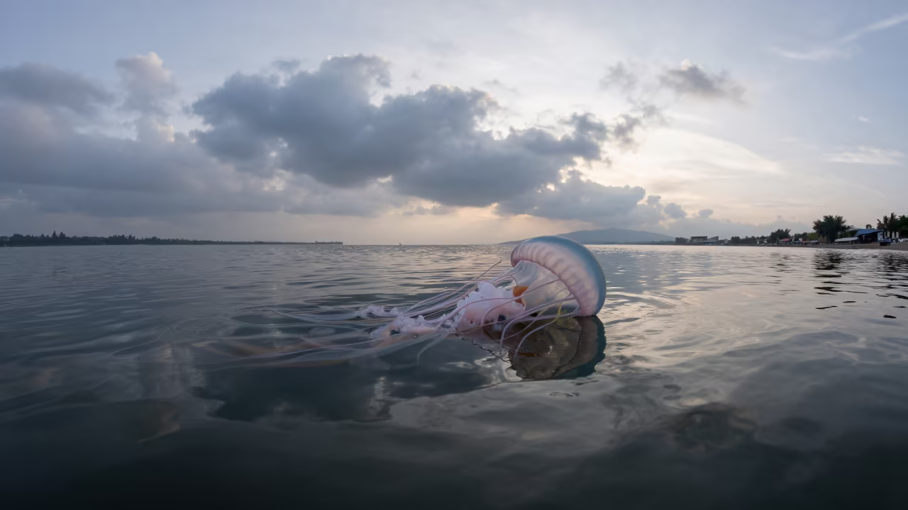 Portuguese Man O' War Tentacles Drifting on Water in in Bandung
