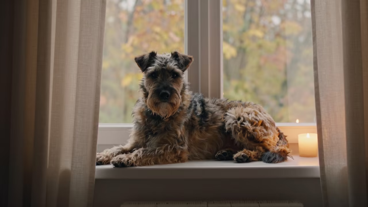 Portuguese Podengo Dog on Window Seat at Dawn in on a window seat in a quiet apartment with soft side light near Port Said