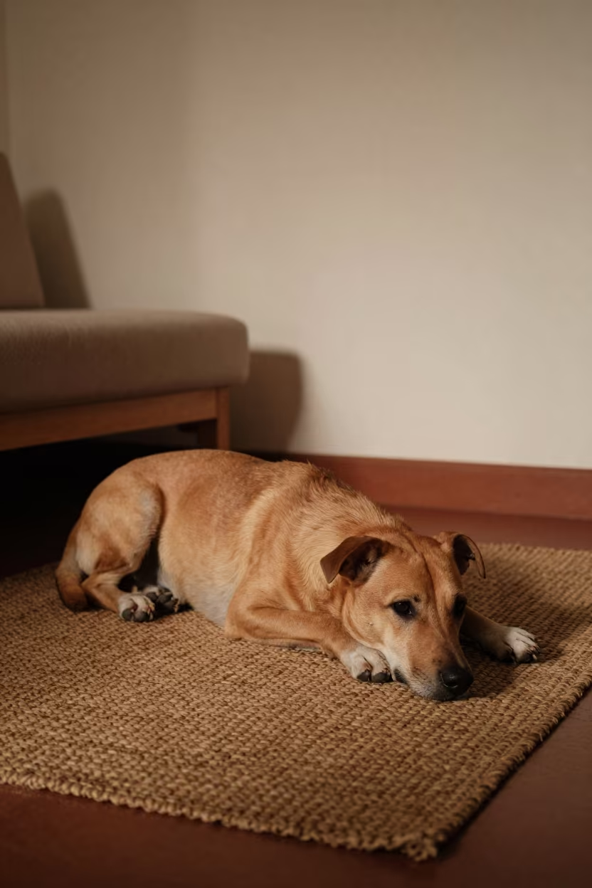 Portuguese Podengo Dog Resting on Woven Rug in on a woven rug beside a low couch and an uncluttered wall near Plateau, Dakar
