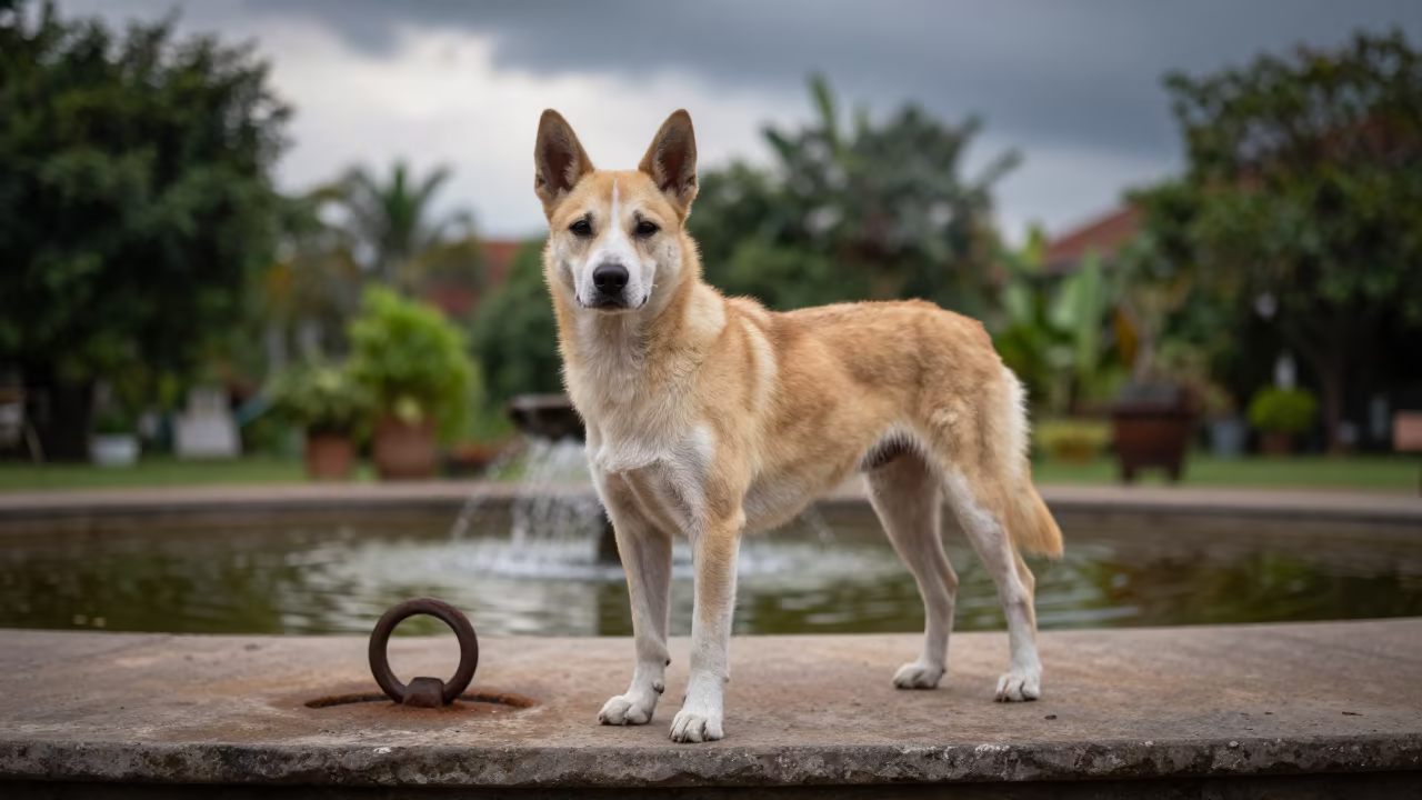 Portuguese Podengo in Vientiane Garden Morning Light in near a garden edge with soft morning light and an uncluttered background in Vientiane
