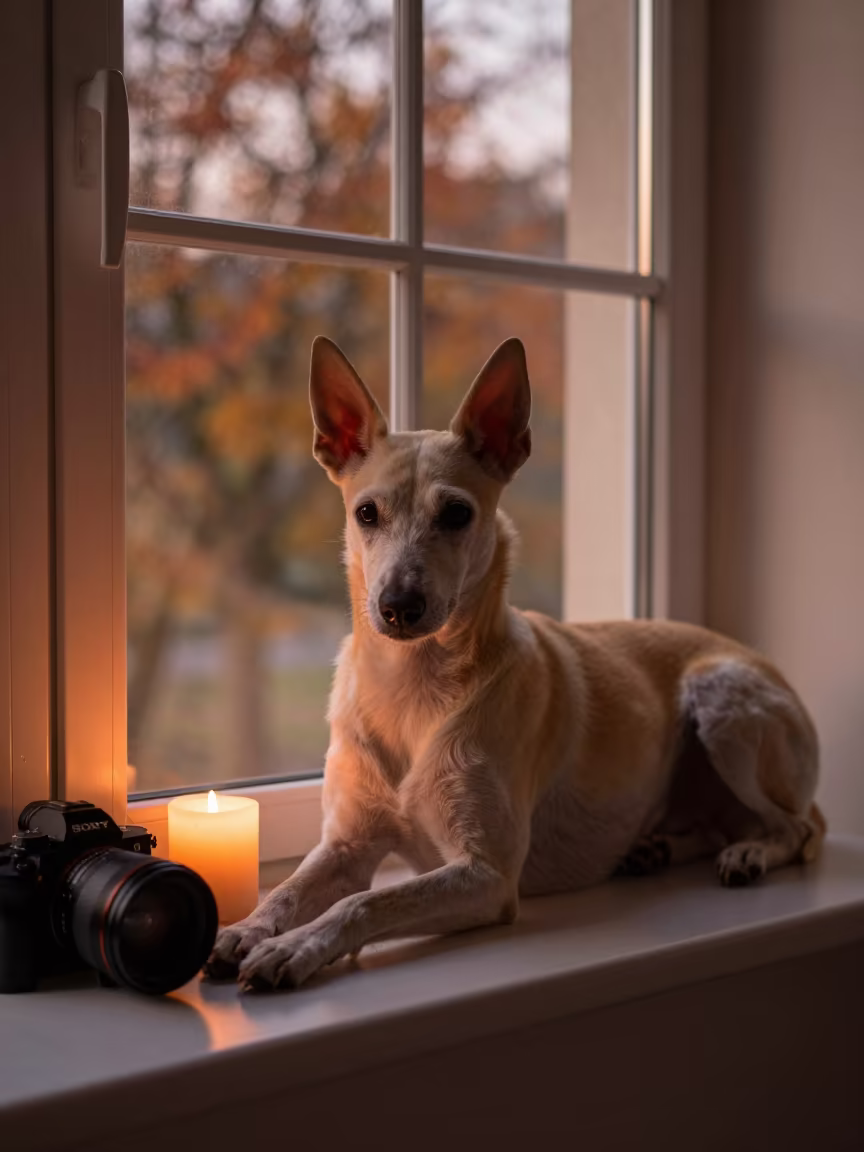 Portuguese Podengo on Window Seat Before Dusk in on a window seat in a quiet apartment with soft side light near Deoghar