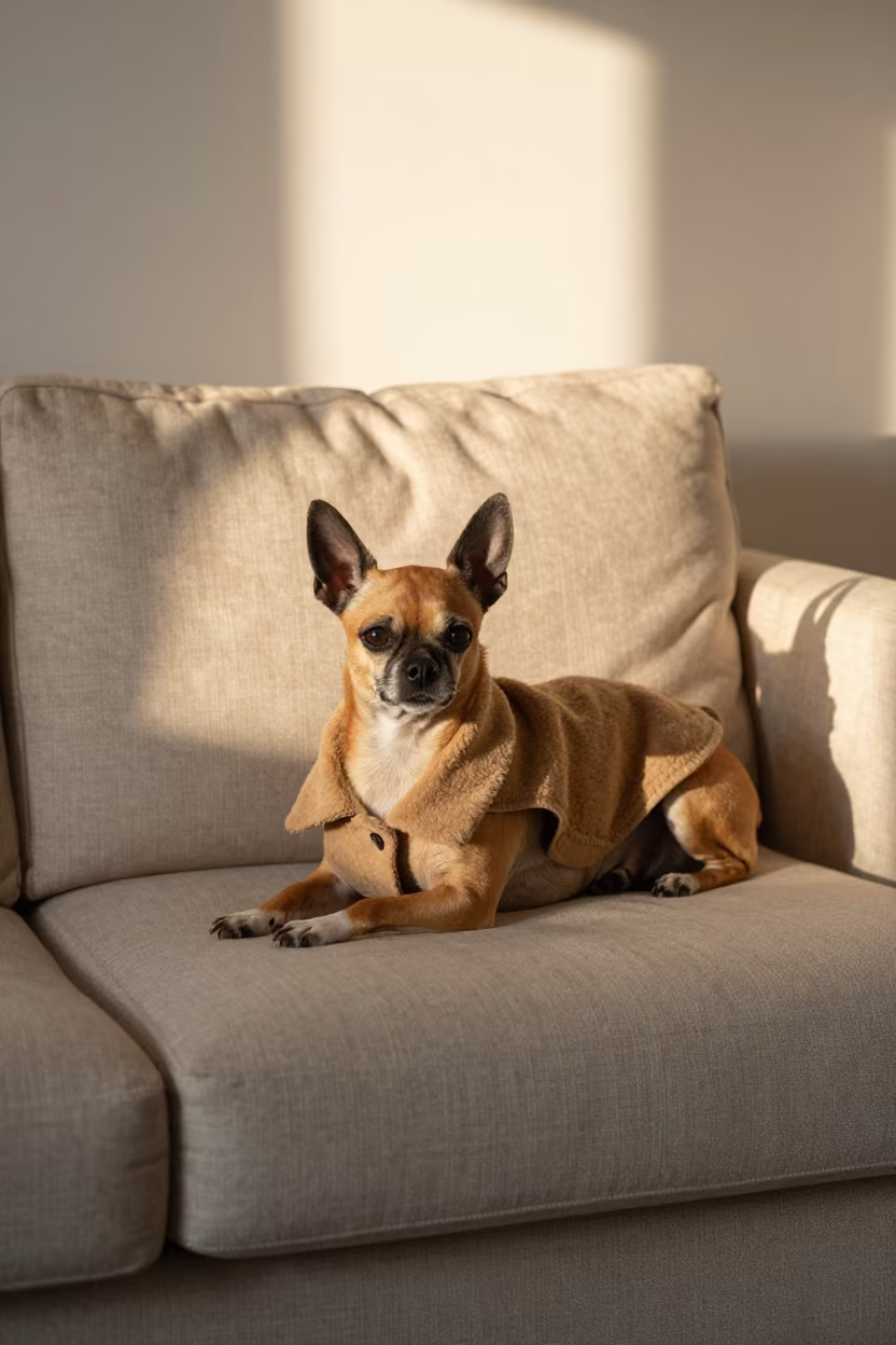 Portuguese Podengo Peq resting on linen sofa in on a linen sofa with daylight from a nearby window near Sulaymaniyah