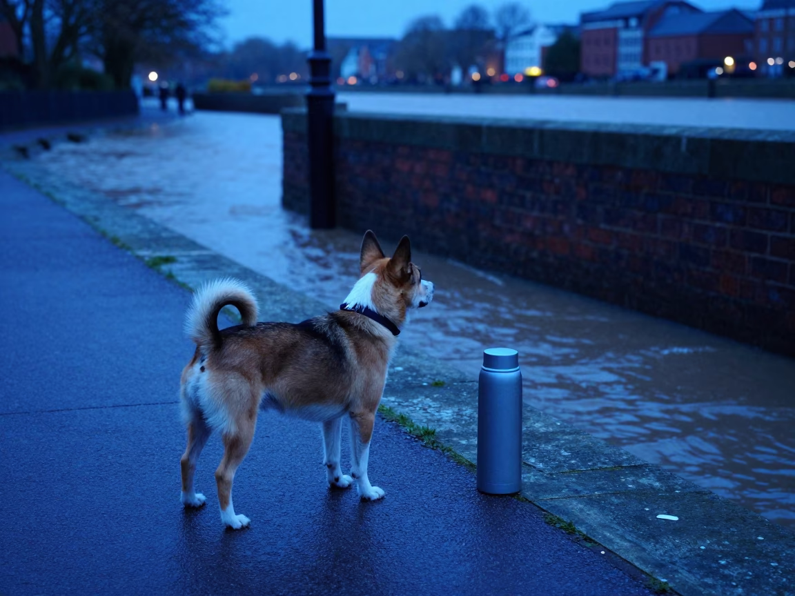 Portuguese Podengo Pequeno and Thermos in Bristol Evening Blue Light Near River in in Bristol, United Kingdom