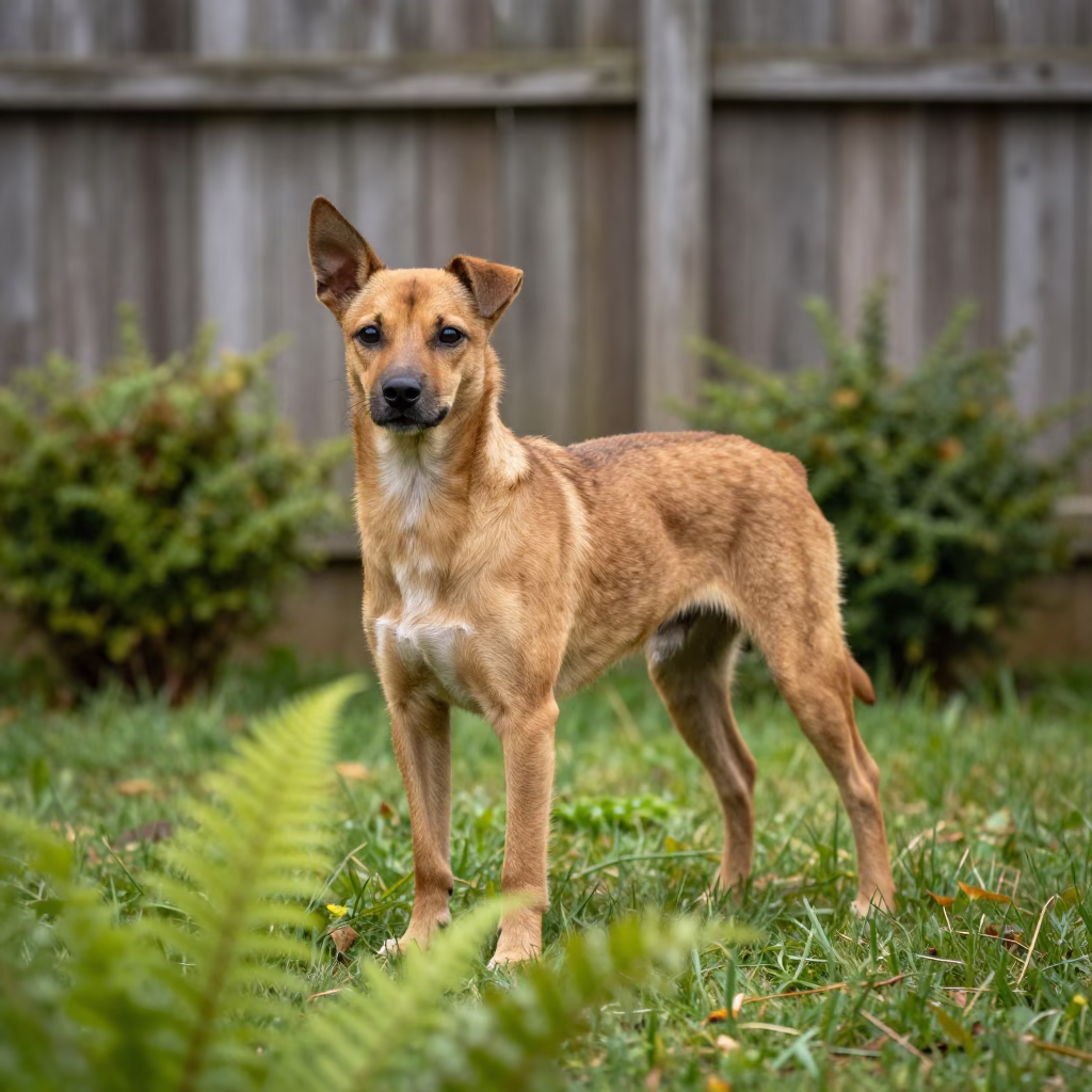 Portuguese Podengo Pequeno in Kumasi Yard in in a small yard with clipped grass, calm light, and the animal centered in frame near Kumasi