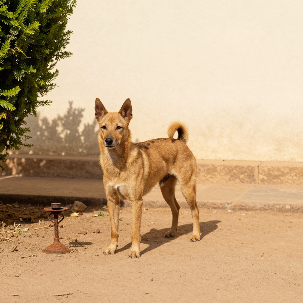 Portuguese Podengo Pequeno on Bamenda Park Path in beside a plain courtyard wall in clear daylight with the animal at eye level in Bamenda