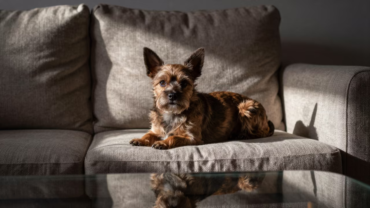 Portuguese Podengo Pequeno on Linen Sofa in on a linen sofa with daylight from a nearby window in Castilla