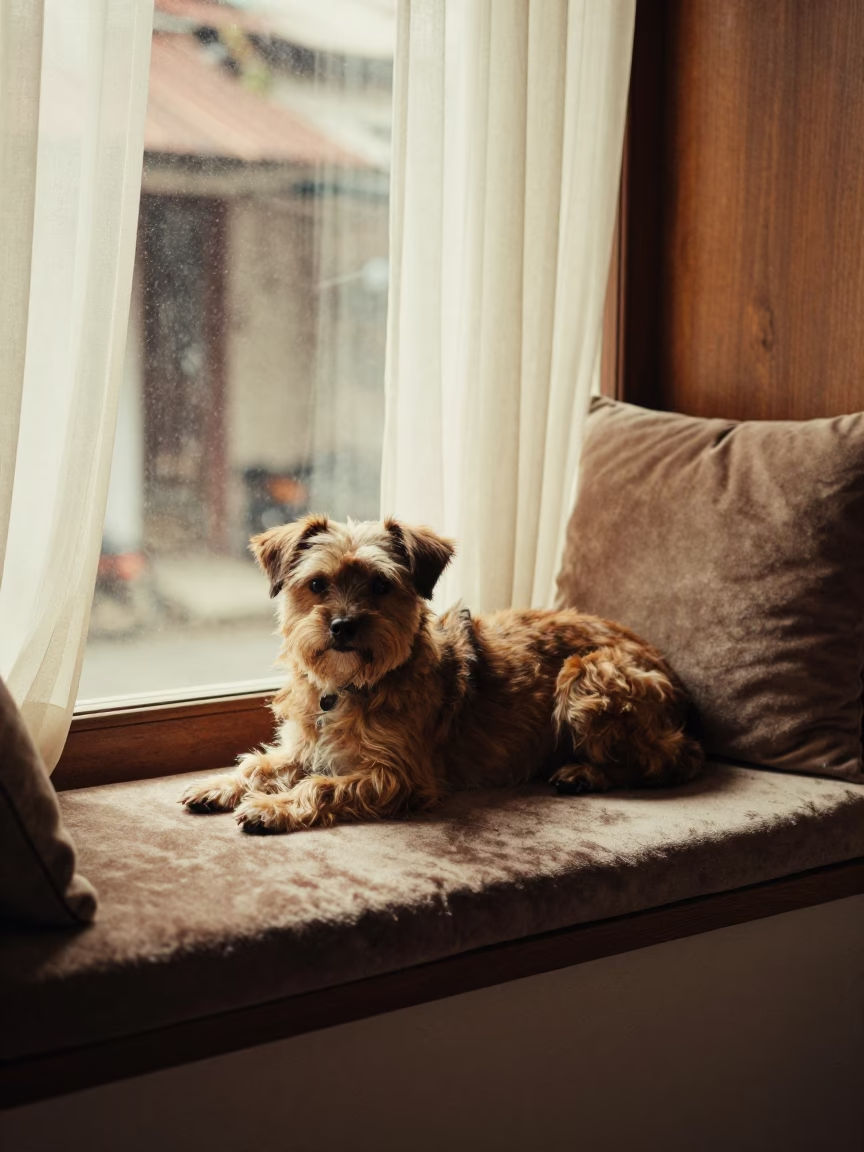 Portuguese Podengo Pequeno on Surabaya Window Seat in on a window seat in a quiet apartment with soft side light in Surabaya