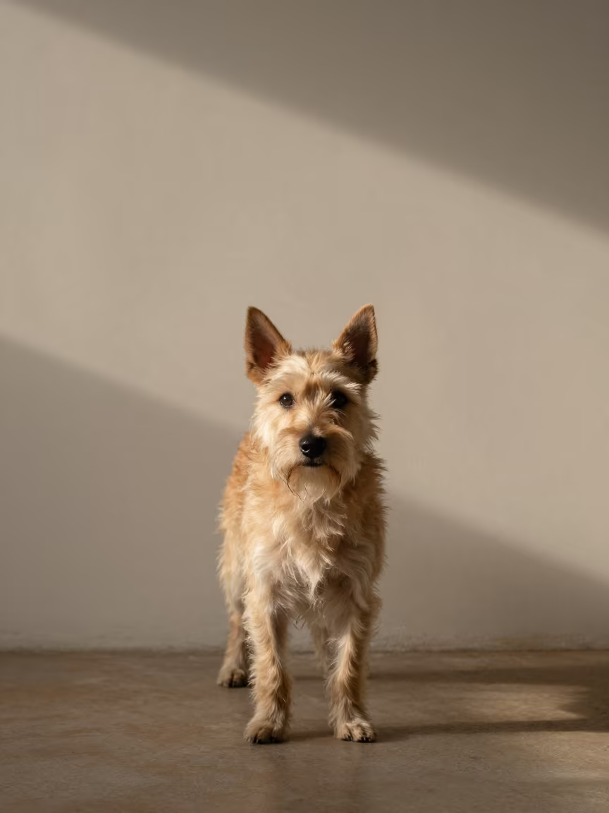 Portuguese Podengo Pequeno Portrait Beside Plaster Wall in beside a plain plaster wall in soft indoor light with the animal centered in frame in Ile Ife