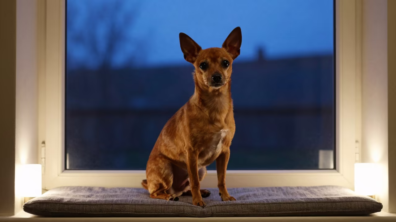 Portuguese Podengo Pequeno Portrait in Winter Twilight in on a cushioned window seat with soft side light and an uncluttered background near Keelung
