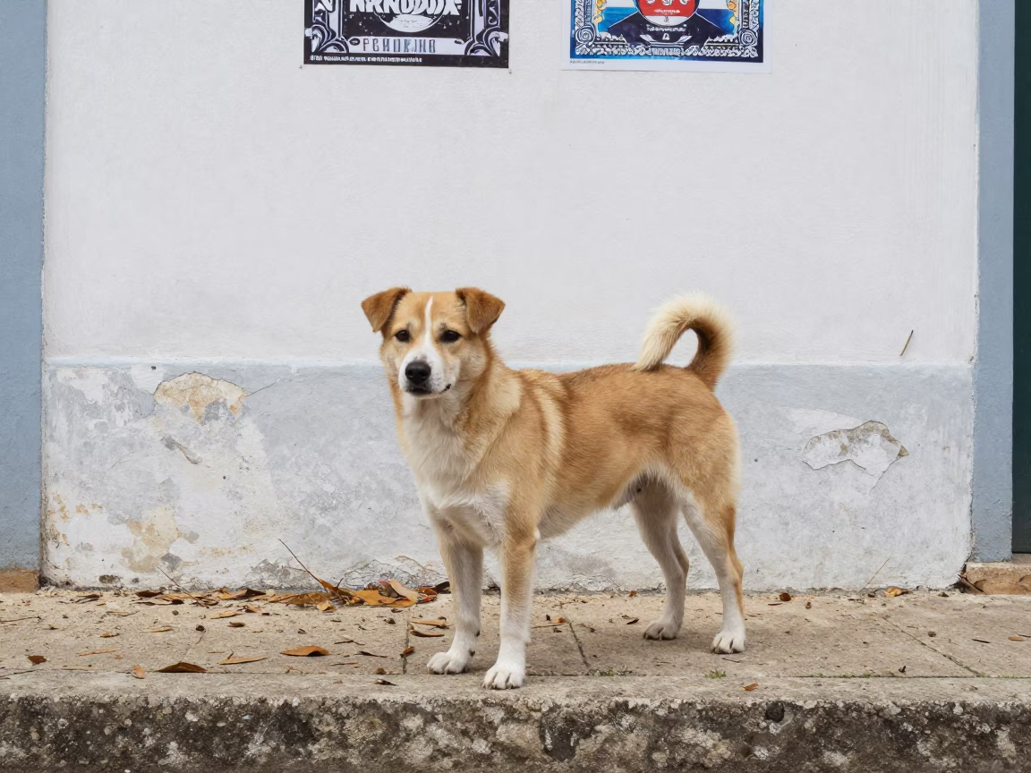 Portuguese Podengo Pequeno Portrait Kota Tua Jakarta in beside a plain courtyard wall in clear daylight with the animal at eye level near Kota Tua, Jakarta