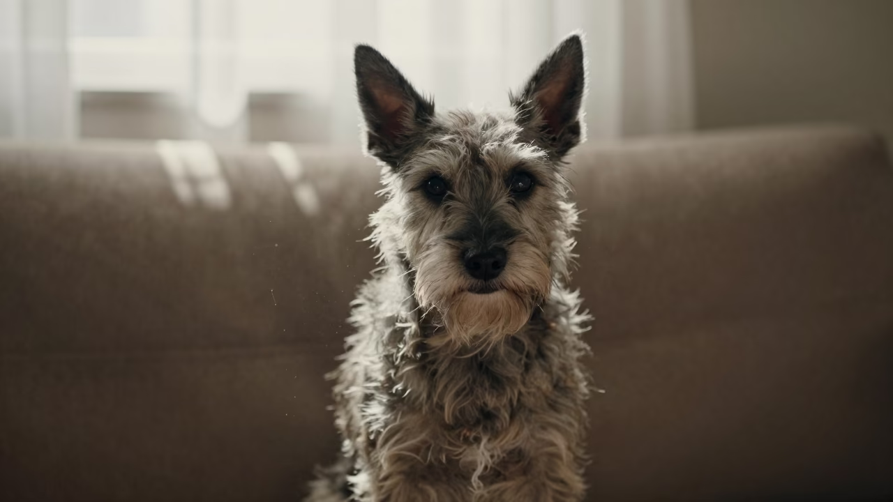 Portuguese Podengo Pequeno Portrait Near Window in on a sofa near a curtained window with calm indoor light near Amravati