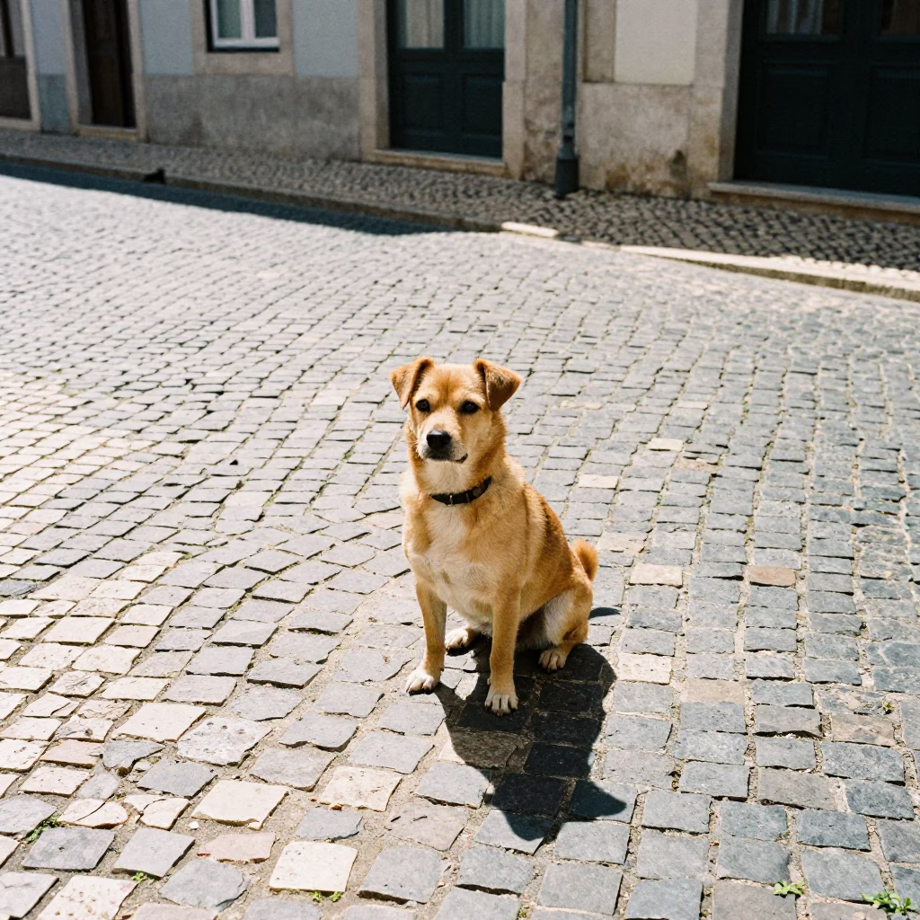 Portuguese Podengo Pequeno Sitting on Cobblestone Street in Lisbon Under Noon Sunlight in in Lisbon, Portugal