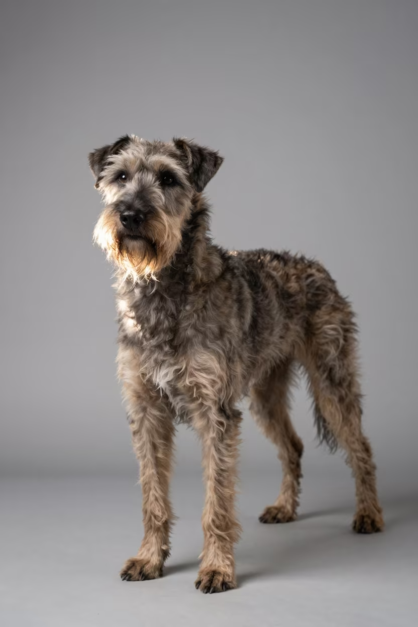 Portuguese Podengo Portrait in Late Afternoon Studio Light in in a quiet portrait studio with a plain backdrop and eye-level framing in Kobe