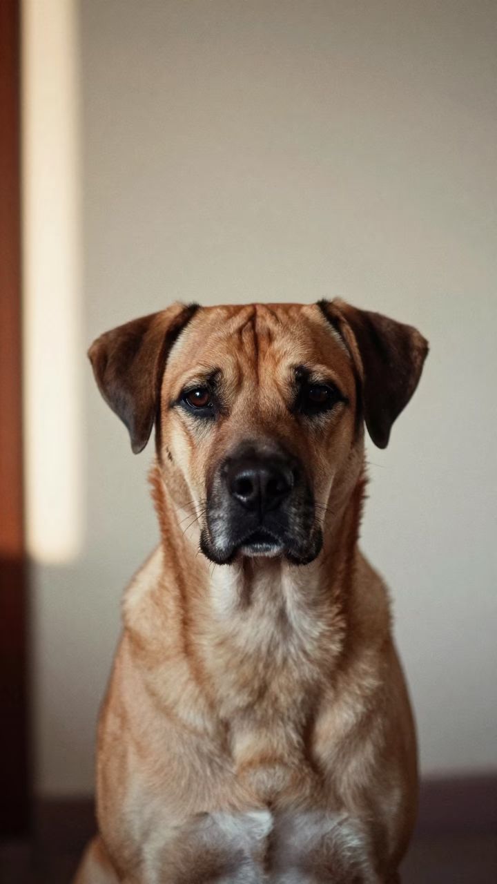 Portuguese Podengo Portrait in Ogbomosho Indoor Light in beside a plain plaster wall in soft indoor light with the animal centered in frame near Ogbomosho