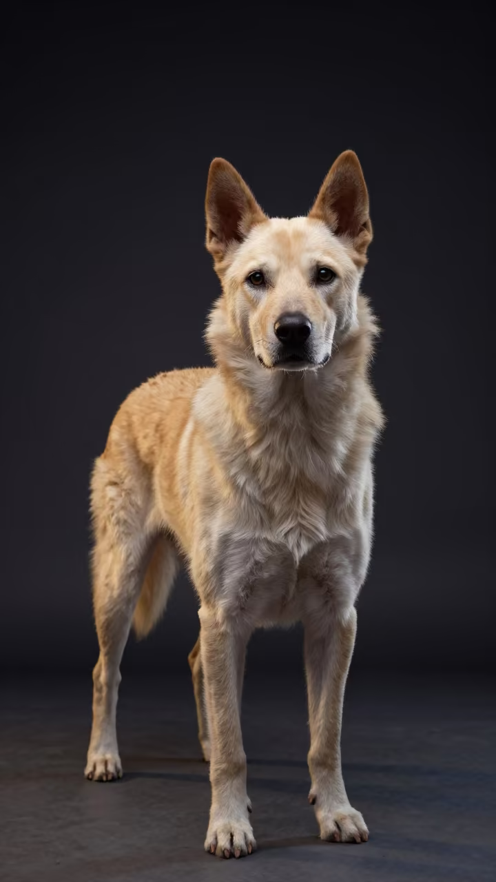 Portuguese Podengo Portrait in Predawn Neon Studio in in a quiet portrait studio with a plain backdrop and eye-level framing in Wuhan