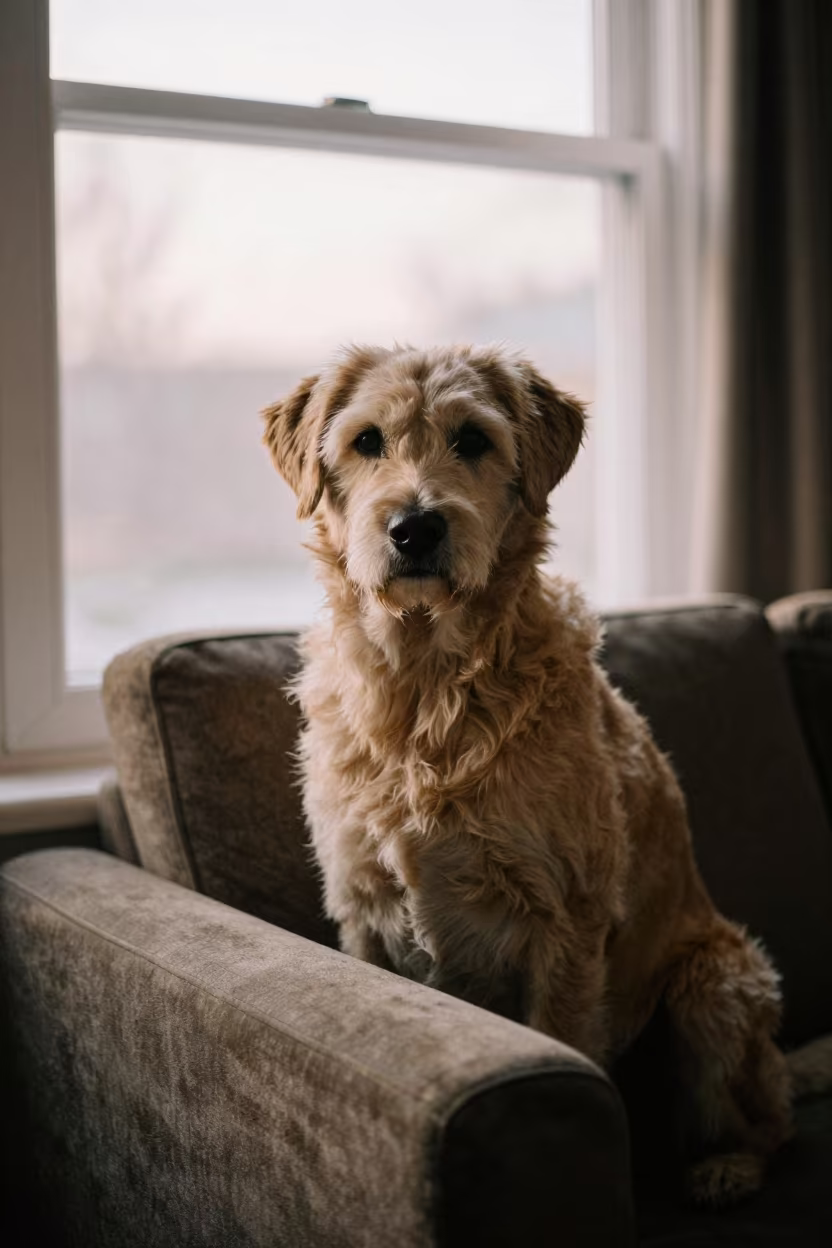 Portuguese Podengo Portrait in Winter Dawn Light in on a sofa near a curtained window with calm indoor light in Qingdao