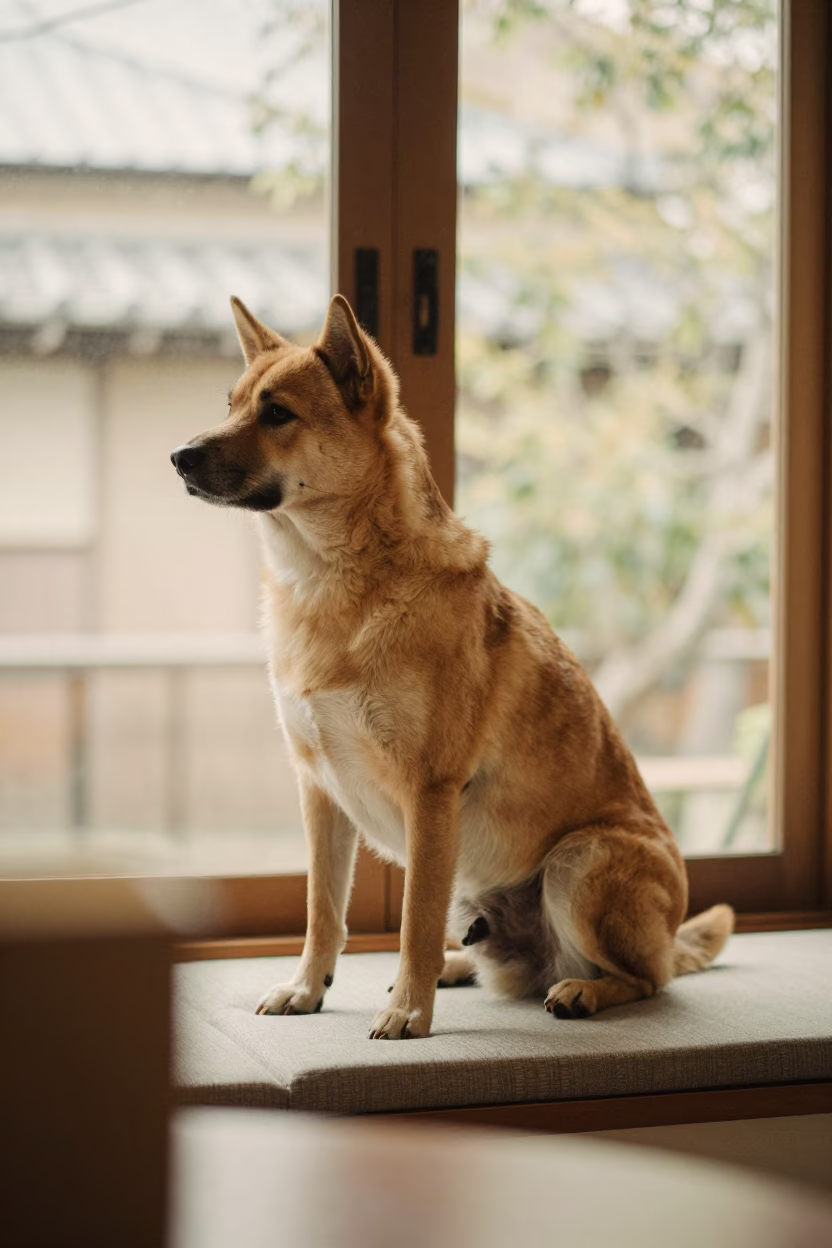 Portuguese Podengo Portrait on Window Seat in on a cushioned window seat with soft side light and an uncluttered background near Kamakura