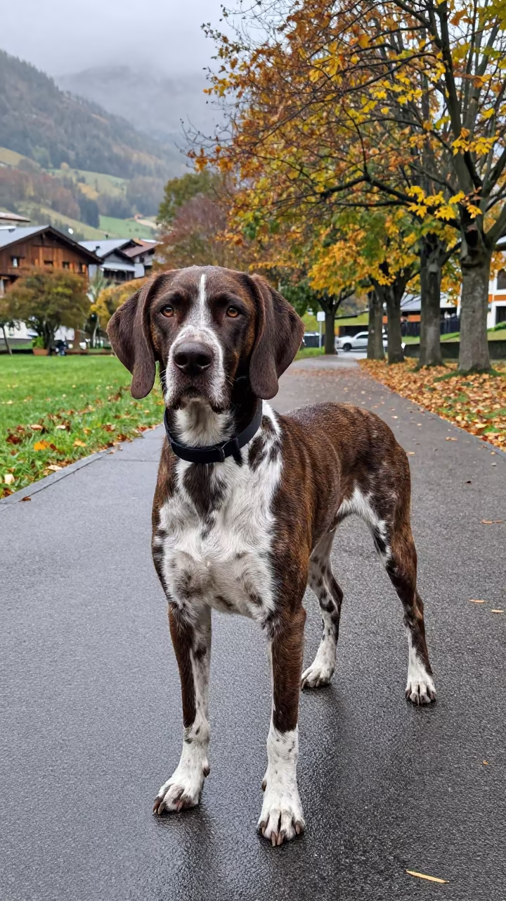 Portuguese Pointer in Autumn Andorra Park in along a quiet park path with soft open shade and a clean background in Andorra la Vella
