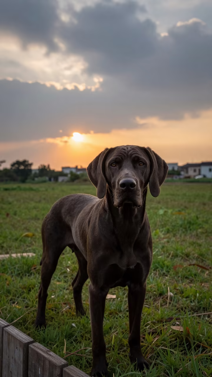 Portuguese Pointer in Sunset Backyard in in a small yard with clipped grass, calm light, and the animal centered in frame near Changsha