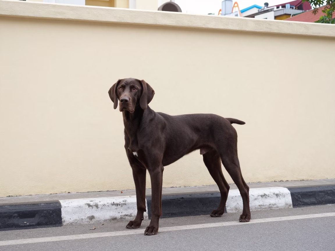 Portuguese Pointer Portrait Beside Courtyard Wall in beside a plain courtyard wall in clear daylight with the animal at eye level near Thu Thiem, Ho Chi Minh City