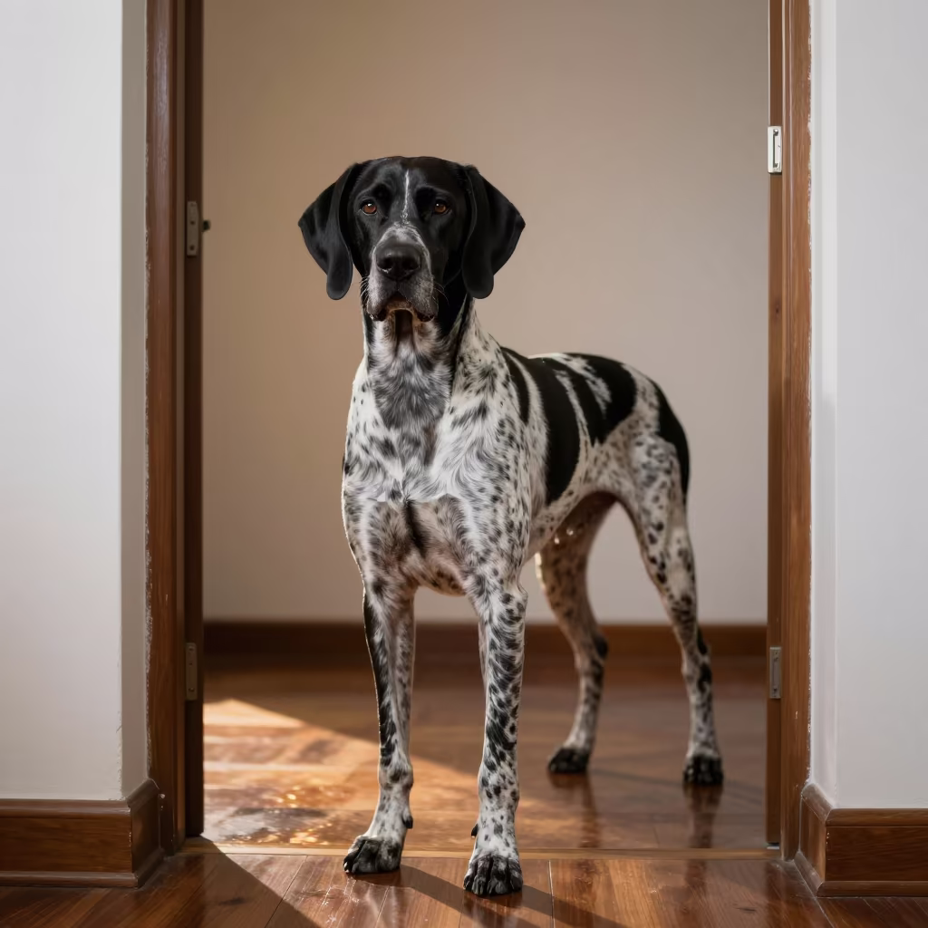 Portuguese Pointer Portrait Dawn Light Studio in in a quiet portrait studio with a plain backdrop and eye-level framing near Prayagraj