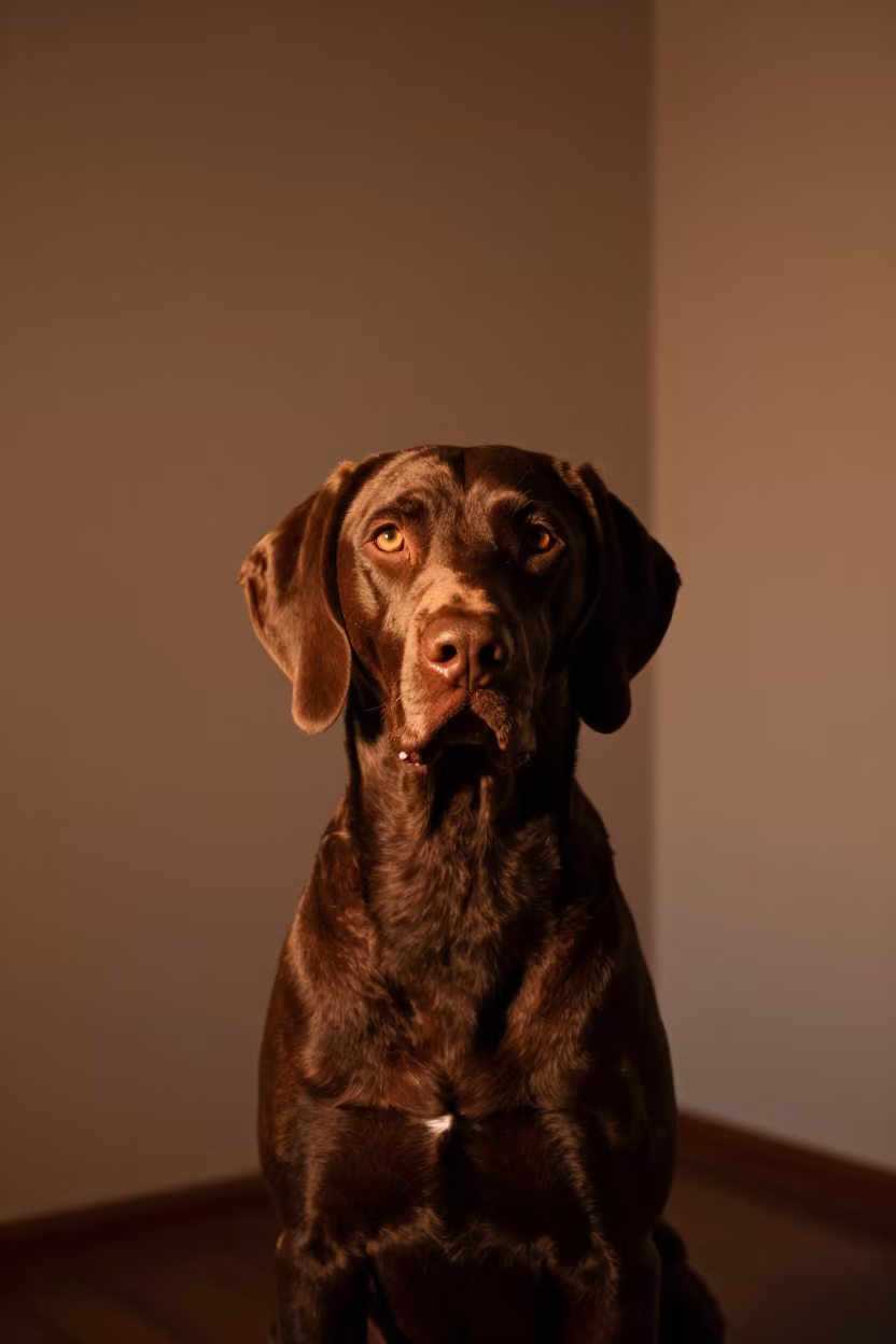 Portuguese Pointer Portrait in Amber Winter Studio Light in in a quiet portrait studio with a plain backdrop and eye-level framing near Bergamo