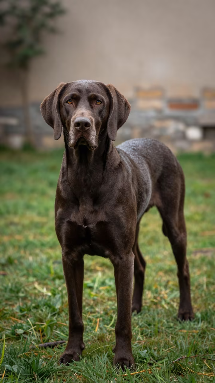 Portuguese Pointer Portrait in Kayseri Yard in in a small yard with clipped grass, calm light, and the animal centered in frame near Kayseri