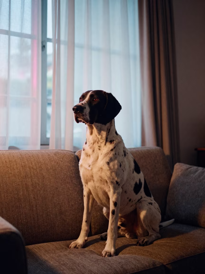 Portuguese Pointer Portrait in Neon Light in on a sofa near a curtained window with calm indoor light near Kota